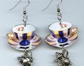 Tea Cup Earrings vintage English Porcelain cup and saucer tea pot charms