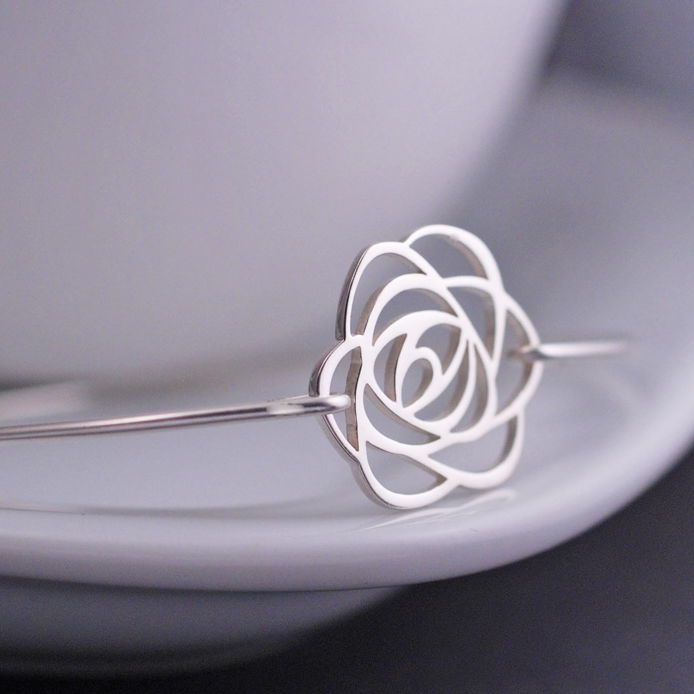 Rose Bracelet, Rose Jewelry, Rose Bangle Bracelet, Sterling Silver Flower Bracelet, Bridesmaid Gift