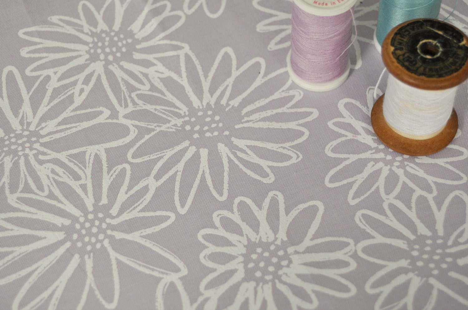 white on orchid Scruffy Daisy screen printed fabric