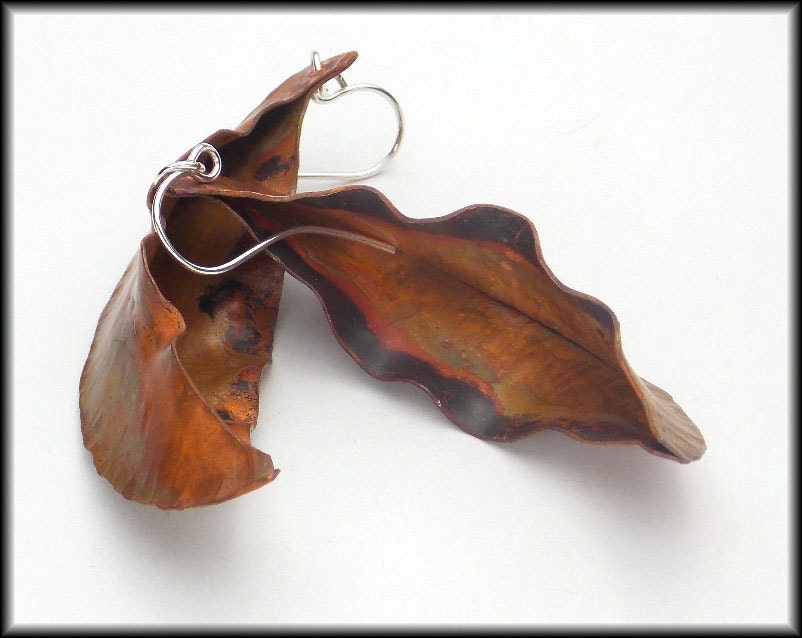 SPRING PODS - Handforged Flamed Foldformed Long Copper & Sterling Earrings