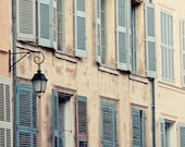Behind the Blue Shutters - French Windows, Provence Photograph, Spring, Pastel, Travel Photography, Peach, Blue, Shabby Chic, Home Decor