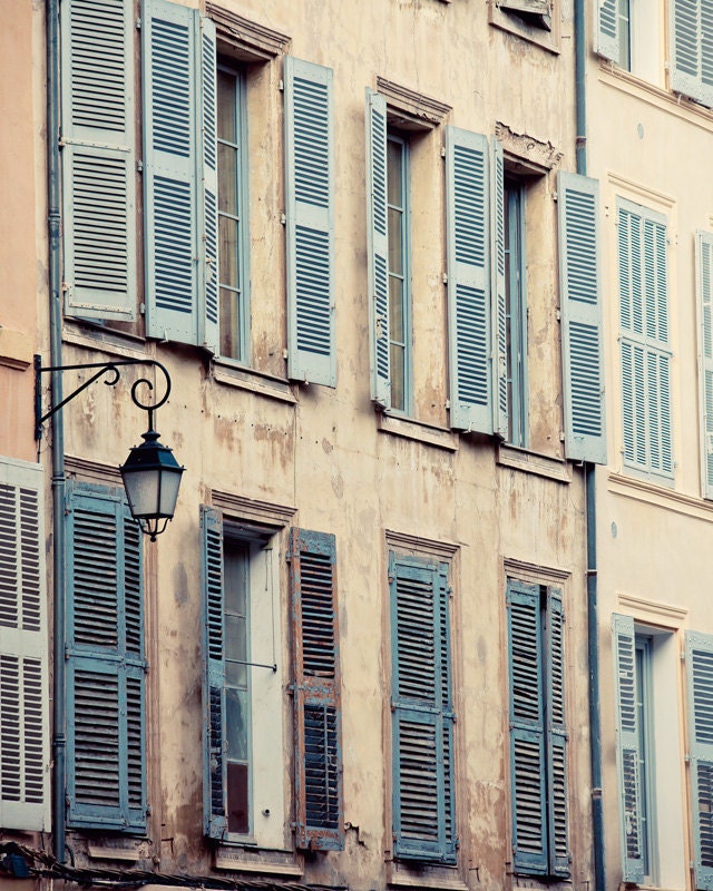 Behind the Blue Shutters - French Windows, Provence Photograph, Spring, Pastel, Travel Photography, Peach, Blue, Shabby Chic, Home Decor