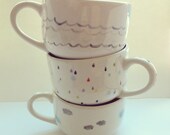 triple set of pac-nw latte mugs - hand painted with lovely colorful rain drops, clouds and waves