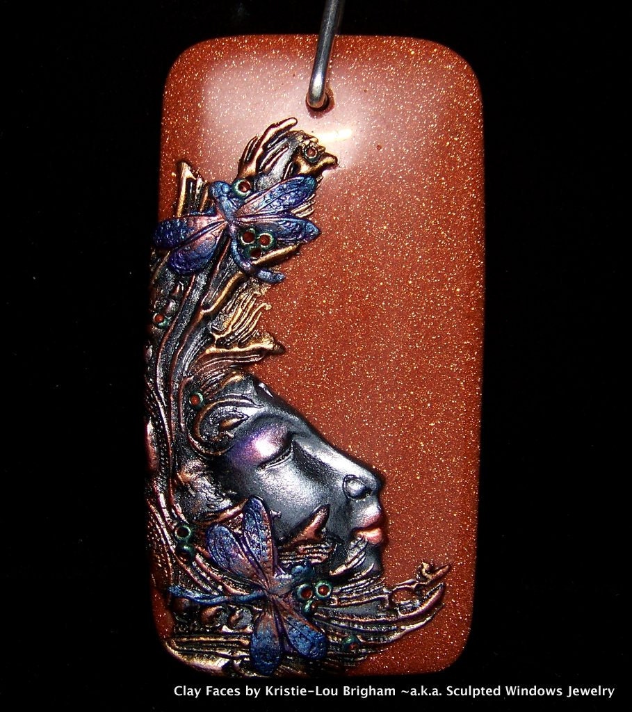Dragonfly Goddess on Copper Goldstone X-Large Pendant or Bead metallic Polymer Clay on goldstone Triangle