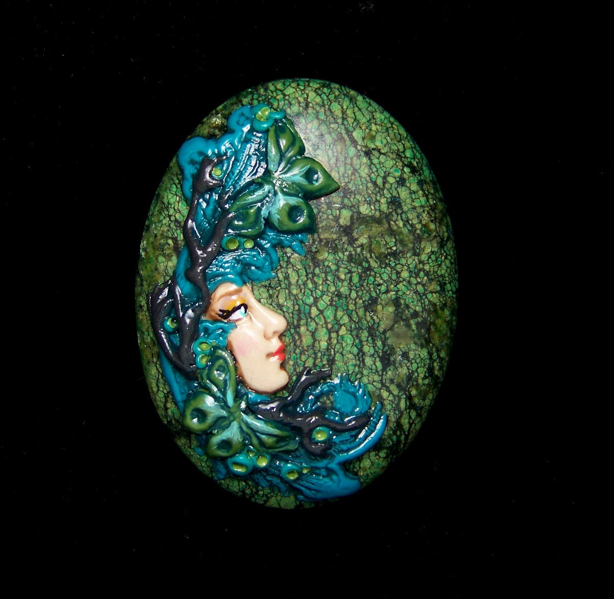 Butterflies and Branches Goddess Face on Snakeskin Jasper Cab Cabochon turquopise and Green Polymer Clay