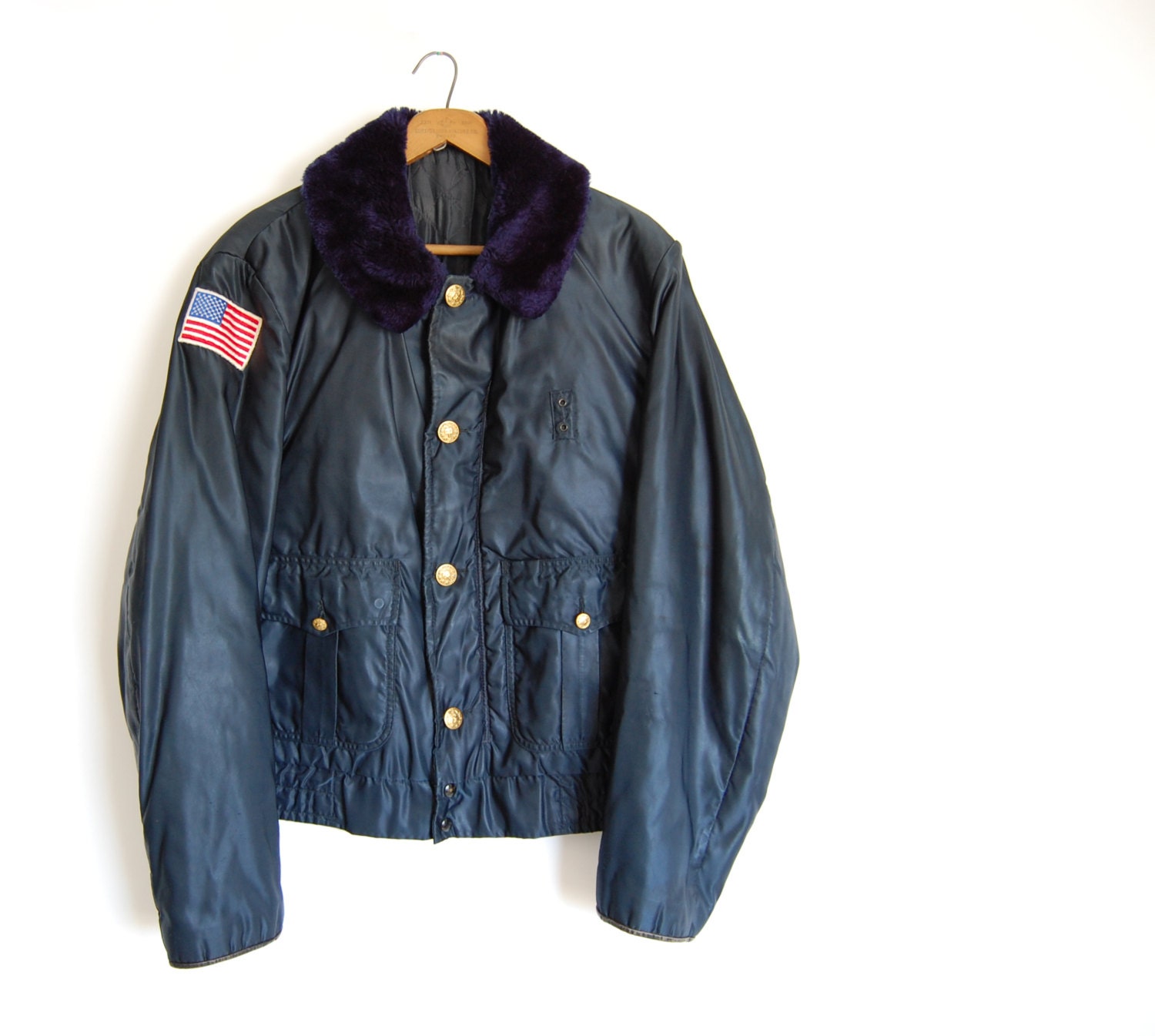 vintage mens police jacket / pockets / faux fur collar / quilted lining / American flag / Navy Blue / union made