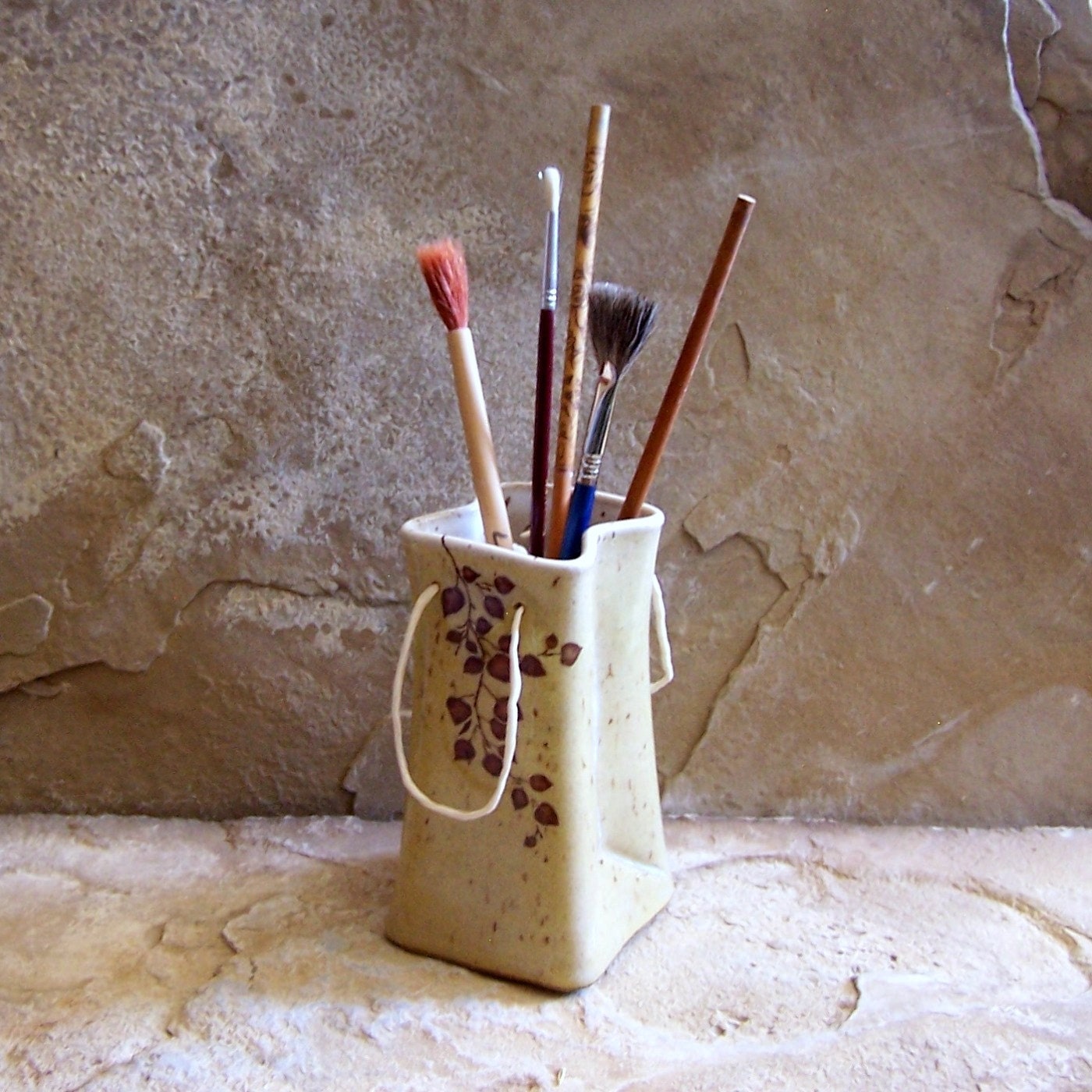 Sun Yellow and White Stoneware Ceramic Pottery Bag - Branch