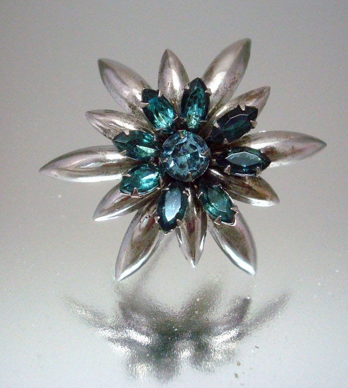 Blue Silver Spiked Pin Brooch Rhinestone Vintage