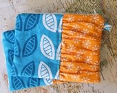 LITTLE zipper pouch. Blue Canvas leaf clutch,  Orange Ruffed front -Ready To Ship purse.