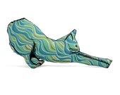stretching cat shaped small pillow green blue yellow modern swirls fabric