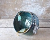 Heart Jewelry Bowl, Earth Blue, Earring Holder, Handmade Stoneware Pottery, Ear ring Tree, Ready to Ship