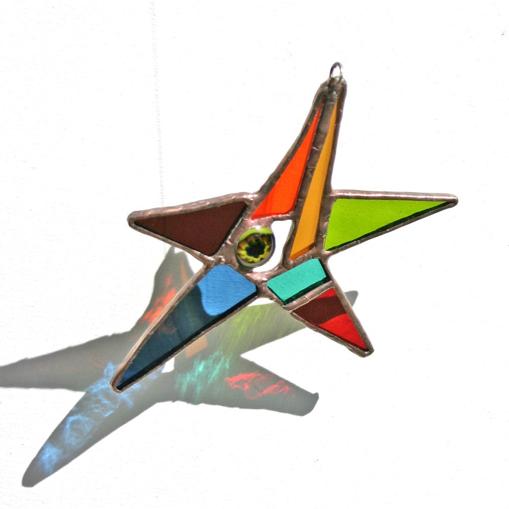 Abstract Stained and Fused Glass Star Suncatcher in Blue, Green, Orange, Red, Ochre
