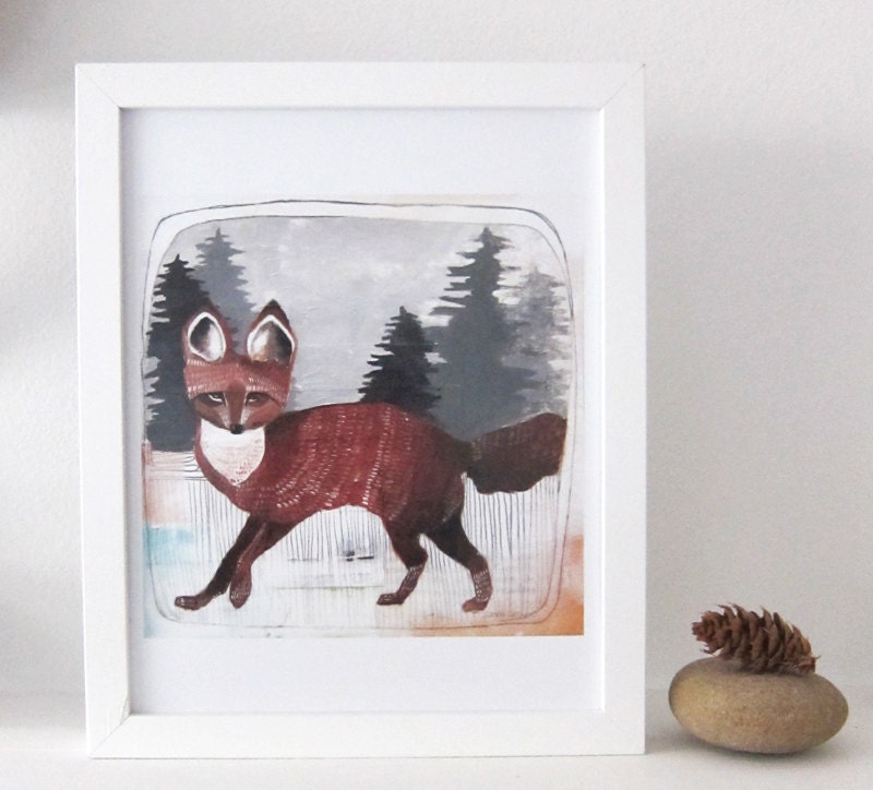 Winter Fox Art // Art Print 8x10 // Winter and Red