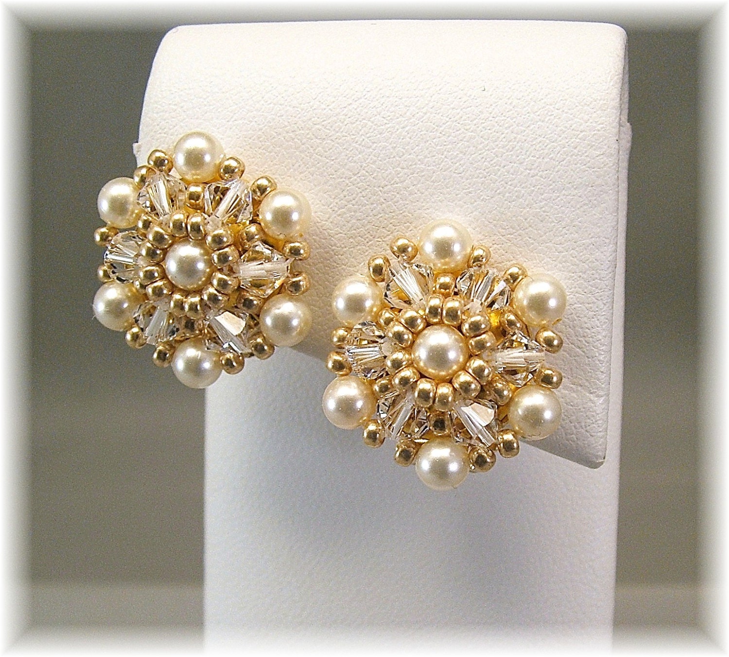 Cream Pearl and Crystal Beaded Clip On or Pierced Earrings, Clip On Wedding Earrings, Post Bridal Earrings, Statement Earrings