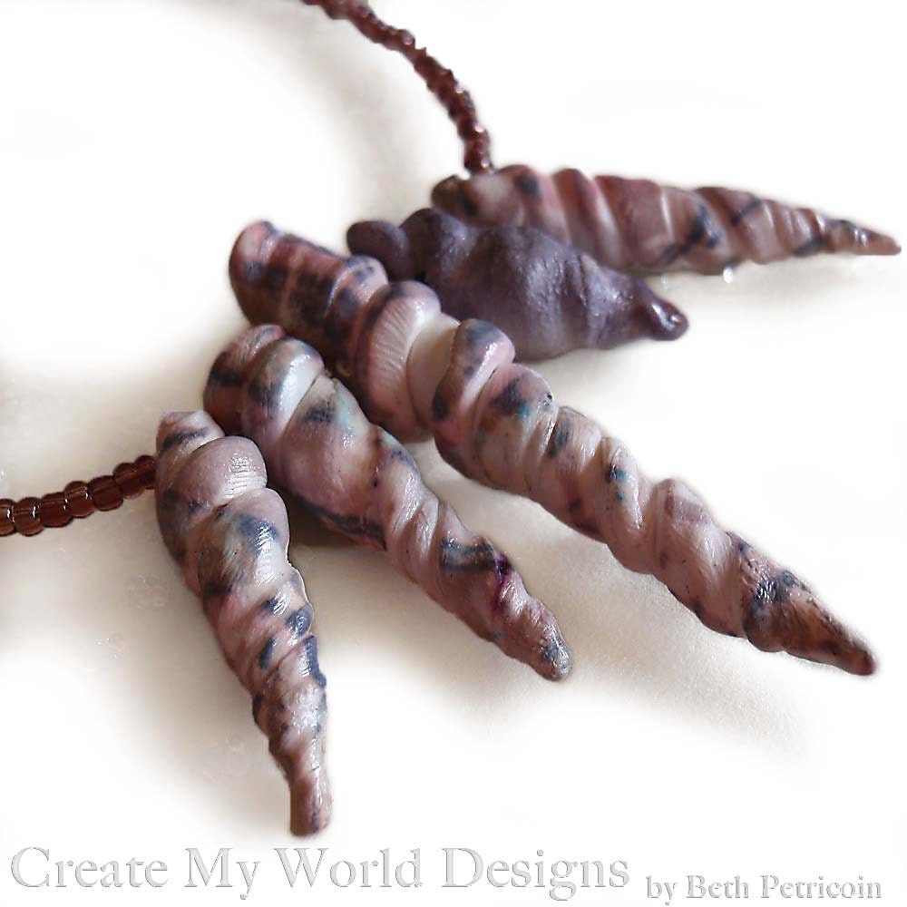 Purple Pendant Necklace, polymer clay, twisted horn shaped beads, glass seed beads, silk dyed, unique