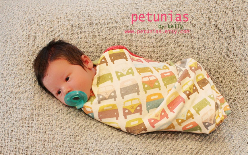 Swaddle blanket Organic Interlock Knit VW bus  by PETUNIAS newborn baby shower gift photo prop stretch swaddle wrap nursing cover