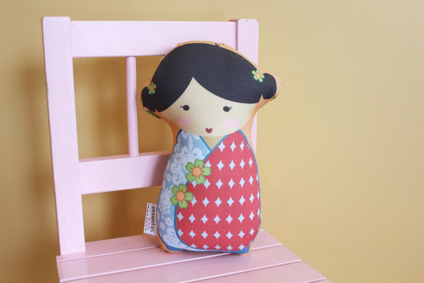 Doll Kokeshi by PETUNIAS - pillow stuffed japanese kimono plush softie room decor toddler baby gift photo prop toy pillow ready to ship
