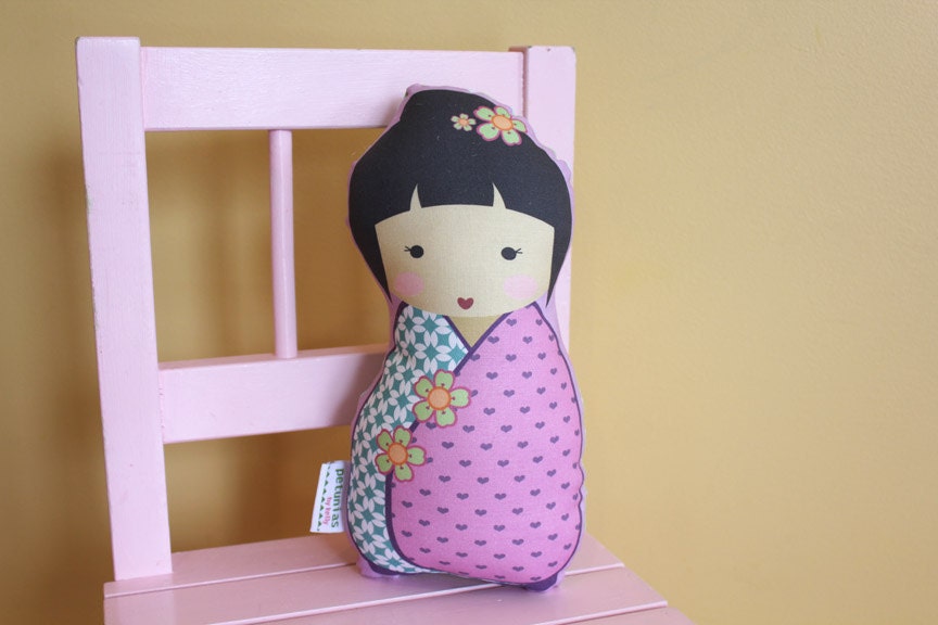 Doll Kokeshi by PETUNIAS - pillow stuffed japanese kimono plush softie room decor toddler baby gift photo prop toy pillow ready to ship