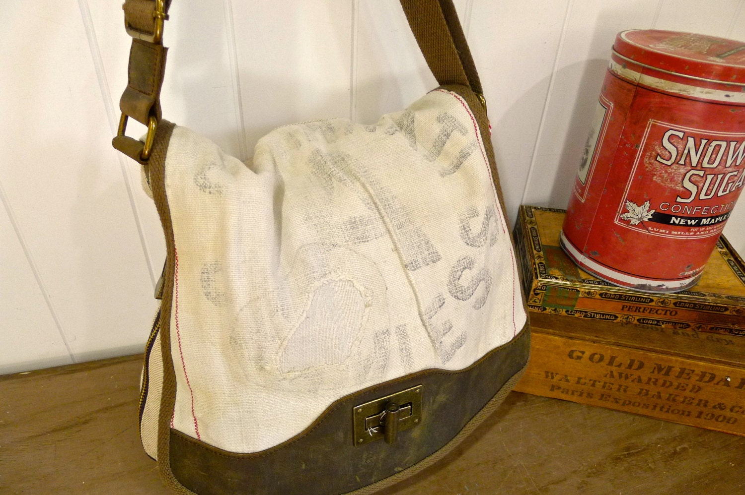 Cinncinati Seamless - Industrial Grunge, patched-  Vintage Seed Sack Courier Zipper Tote - Americana Canvas & Leather Tote... Selina Vaughan