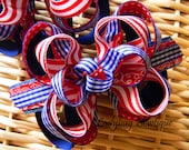 Layered Twisted Boutique Hair Bow - 4 Inch - Patriotic Red White and Blue