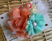 Flower Cluster and Feather Headband - Vintage Style on a Soft Elastic Headband - Custom Size - Coral and Aqua