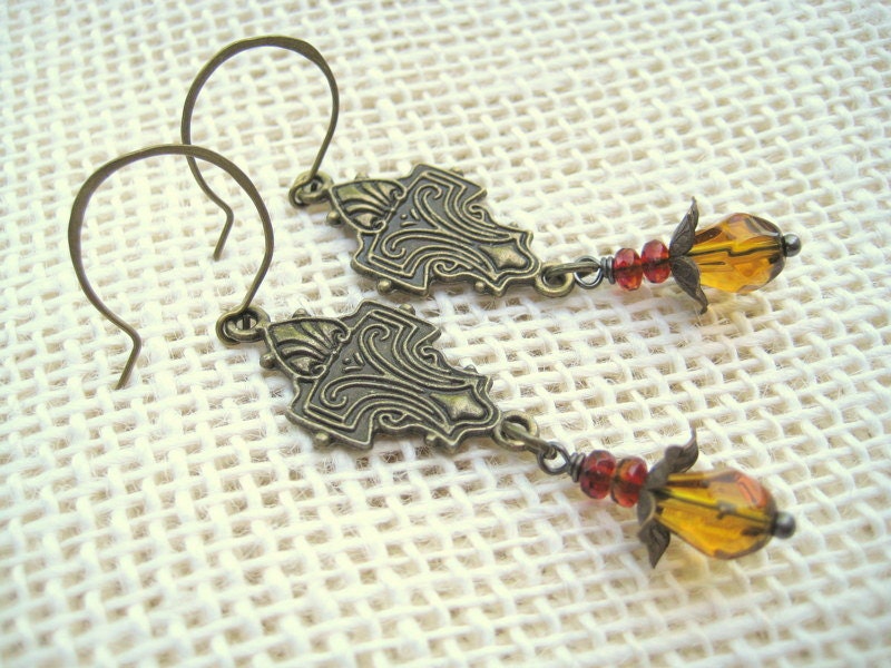 Embossed Brass Carnelian and Glass Beaded Dangle Earrings with Brass Flowers