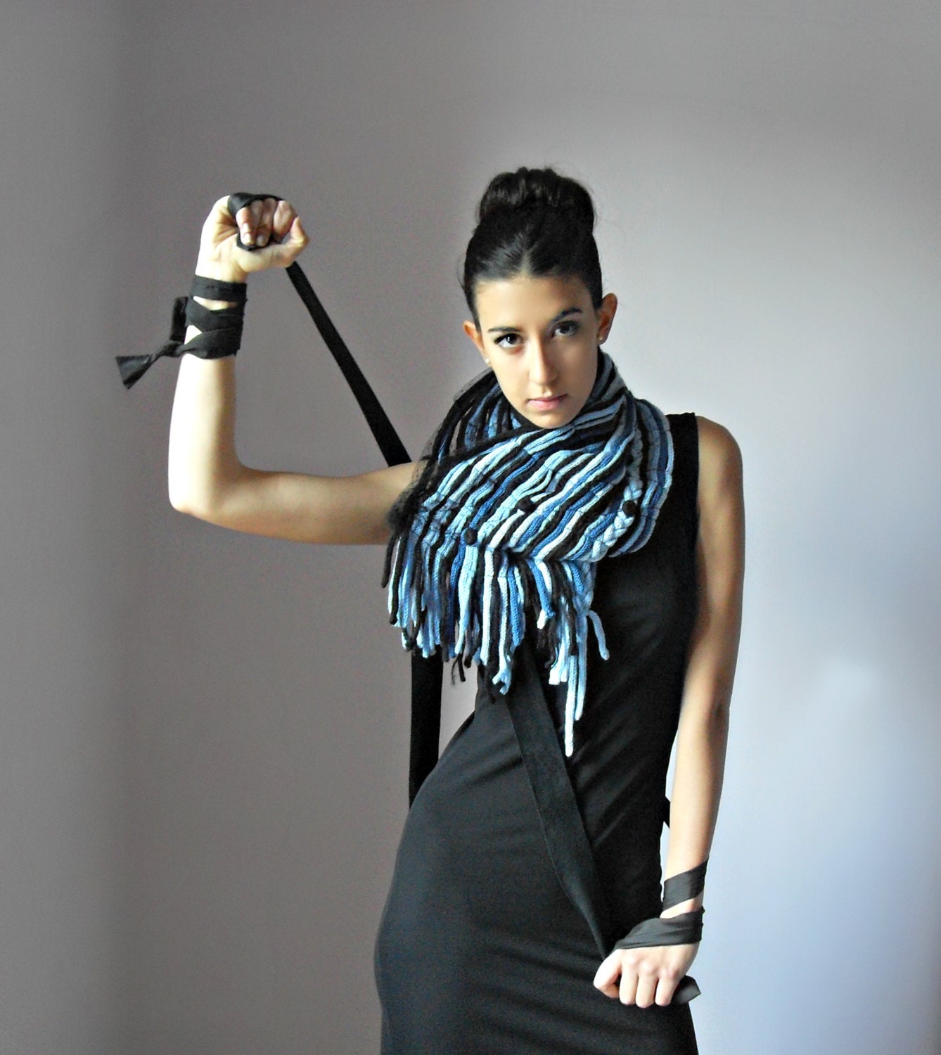 Knitted Cowl NeckwarmerScarf - Handmade - Blue Shades and Black - Fringes - Wool and Tulle - Italian fashion - Post Apocalypse Survivor