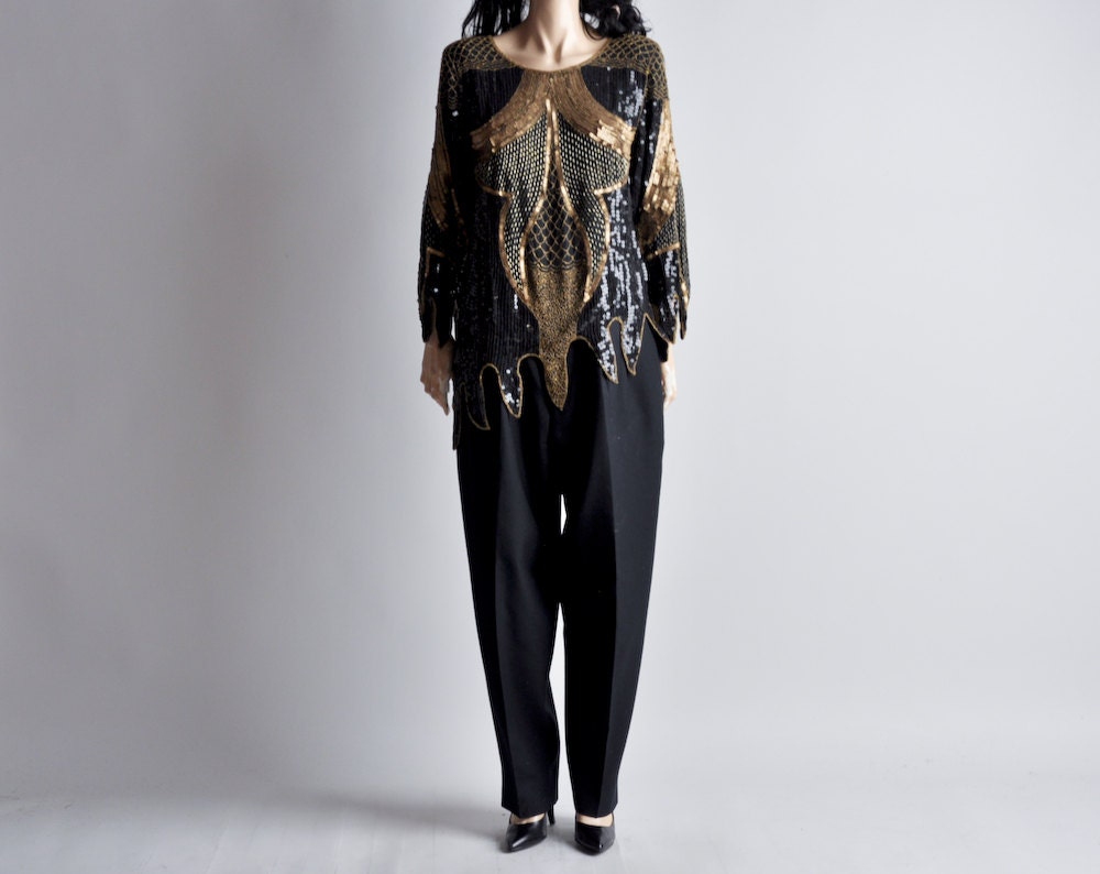 black and gold sequin bead art deco slouch trophy top / s / m