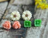 Set of 3 . Flower Post Earrings . Earthy Bohemian . Jewelry Gift Set