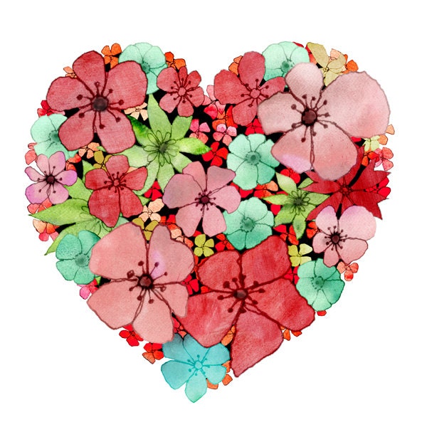 Floral Heart Red Pink- Fine Art Print - Illustration