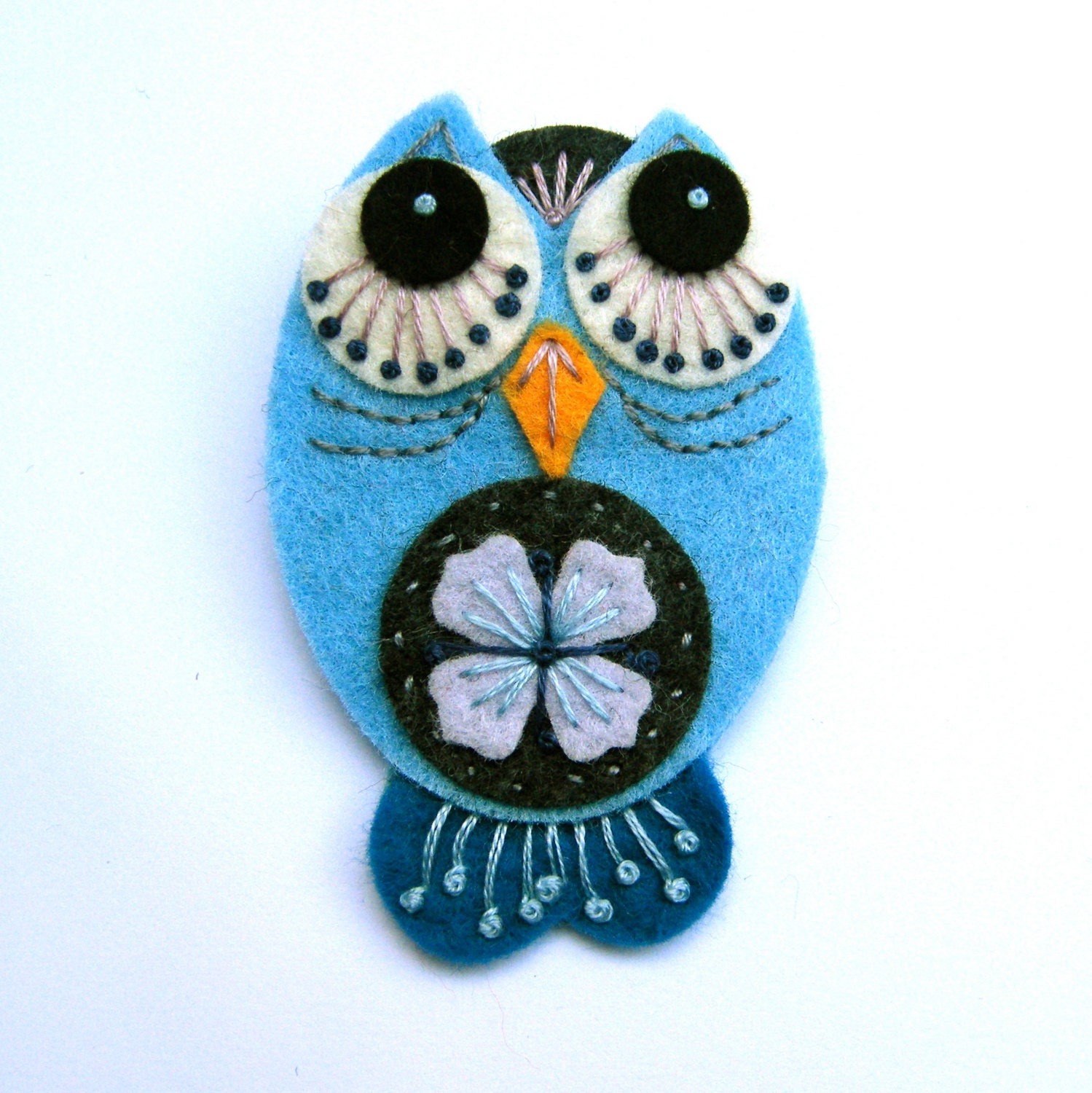 OWL felt brooch pin with freeform embroidery