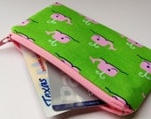 Zippered Coin Purse Wallet - Fabric Business Card Holder - Pink Whales on Green