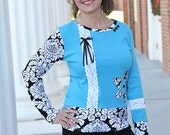 Women Damask Turquoise Patchwork Knit  T-shirt Custom Sizes S, M, L, XL, XXL, XXXL - Manoir