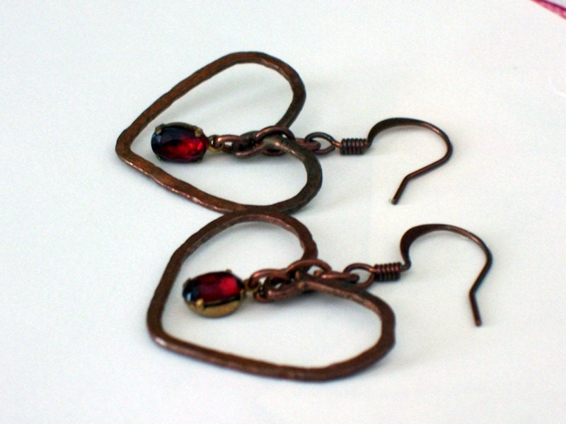 Copper Heart Earrings with Red Ruby Dangle