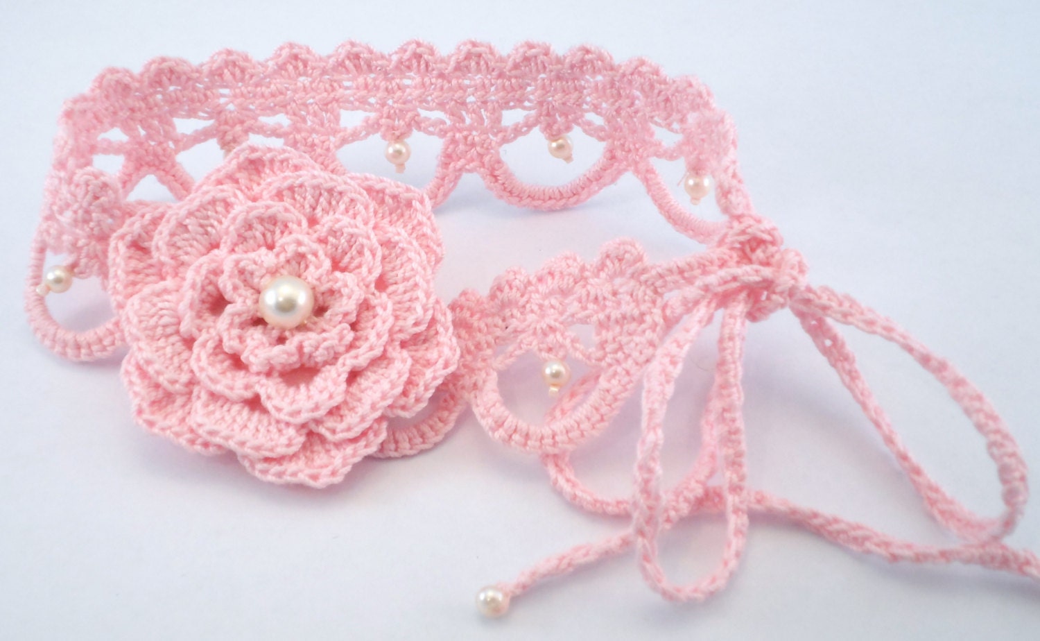 Pink Crocheted Choker, Handband With Flower and Pearls, Tie Back