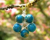 Witches Pentacle - Aqua Terra Jasper Gemstone Pendant - Ritual Jewelry, Magickal Adornment, Peace, Clarity, Compassion