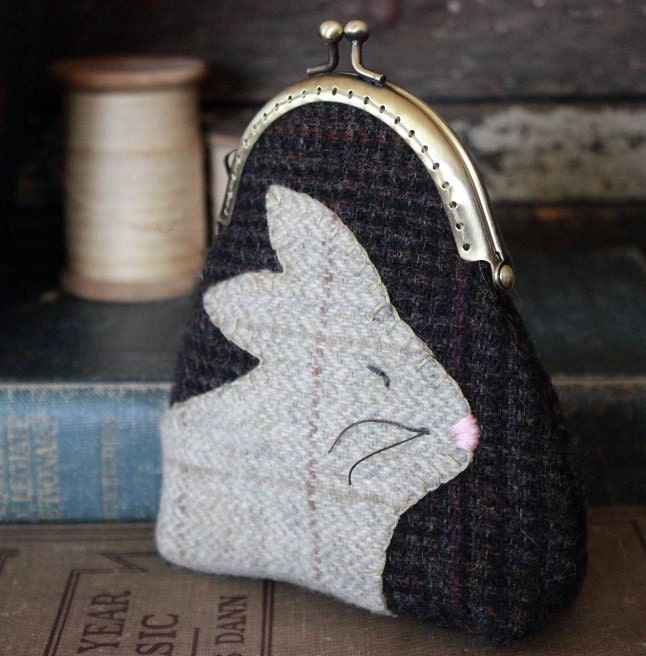 Primitive Spring Rabbit Wool Appliqued Coin Purse