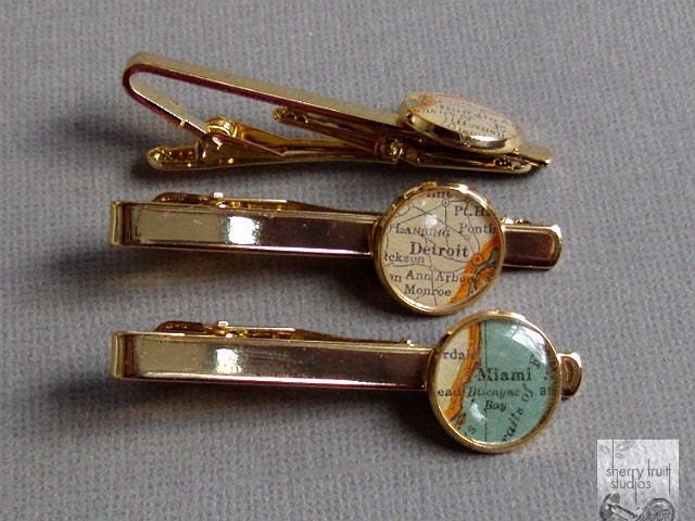 Gold Tie  Clip  Custom Map Your  Personalized Choice of City  Vintage Atlas Tie Bar Pin Tack 14kt Gold Filled