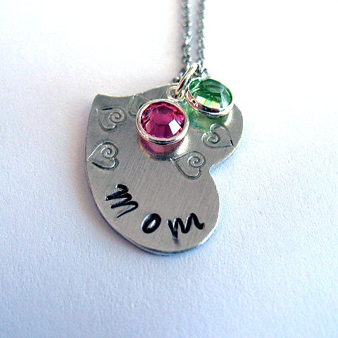 Hand Stamped Necklace - Mom Necklace, Heart, Crystal Birthstones