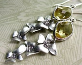 Organic Lemon Earrings, Yellow Glass Stone, Sterling Silver, Bridal Flower Charms, Dangle,  Drop Earrings