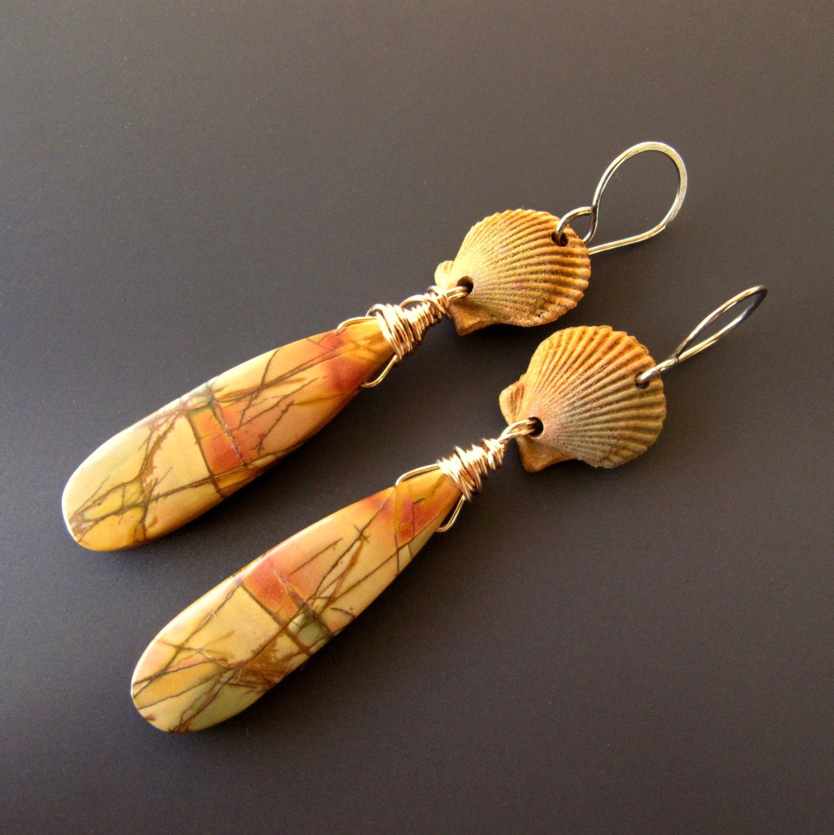 Rustic Pure Matte Bronze Scallop Shell Dangle Earrings with Cherry Creek Jasper Teardrop Beads and Handmade Sterling Silver Earwires
