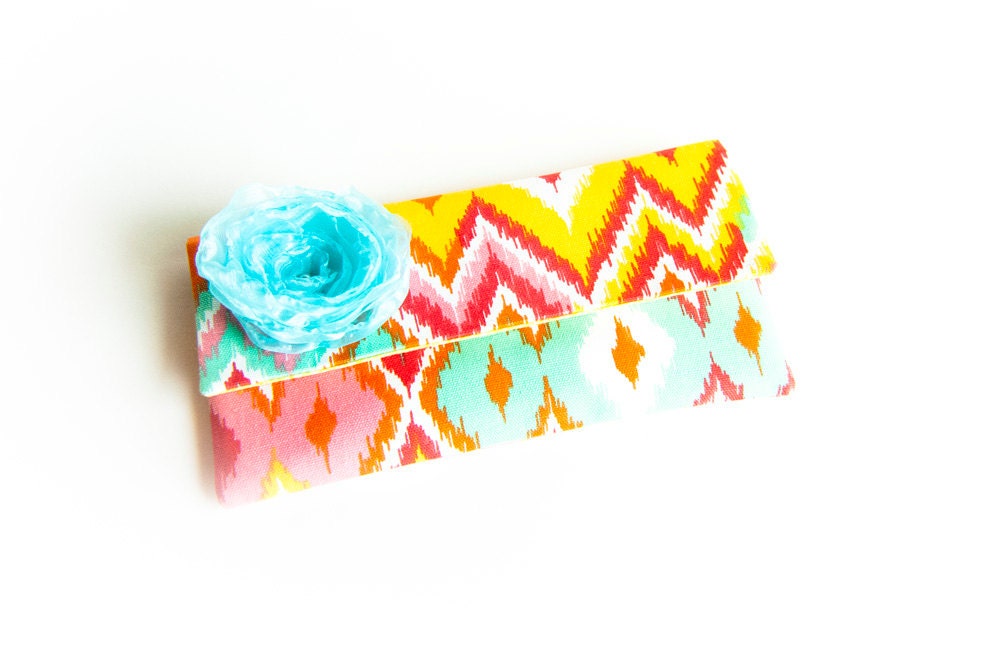 Ikat Foldover clutch purse with Personalized Color flowers, bridesmaid wedding gift idea, envelope bag, yellow pink turquoise by Lolos