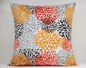 Chrysanthemum Blooms decorative throw pillow cover 18 x18 inches /Accent cushion sham in gray, golden yellow, brown and tangerine.