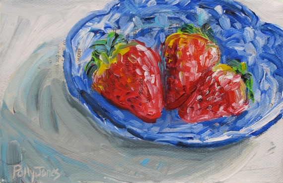Underipe and Overcrowded Strawberries original mixed media painting by Polly Jones