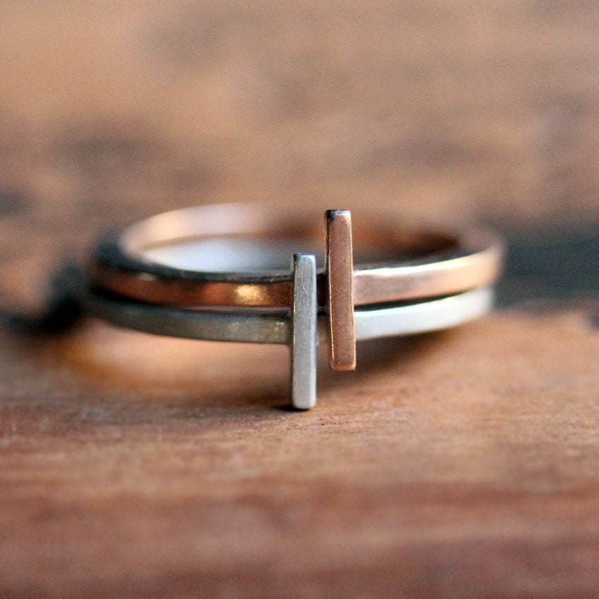 Modern geometric stack rings - 14k rose gold and recycled sterling silver - rectangle twig -metropolis - size 7