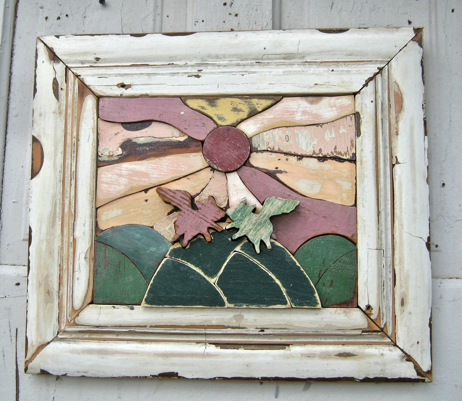 Flying Pigs In Love, Reclaimed Wood Mosaic Art