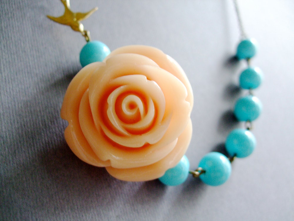 Aqua Jewelry,Peach Jewelry,Bridesmaid Necklace,Statement Jewelry,Flower Necklace,Wedding Jewelry (Free matching earrings)