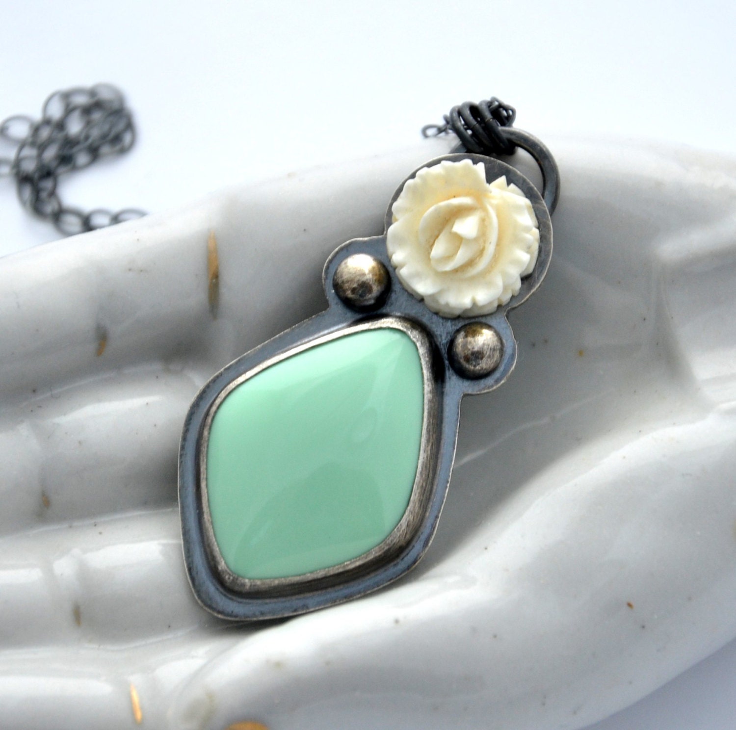 With A Flower Carved Ivory Rose and Variscite Sterling Silver Necklace