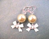 Pearl Earrings, Celery Green Pearls and Bows, Silver Dangle Earrings, FREE Shipping U.S.