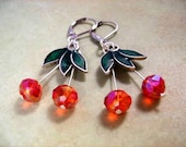Cherry Earrings, Red Crystals, Green Leaf Charms and Silver Dangle Earrings, FREE Shipping U.S.